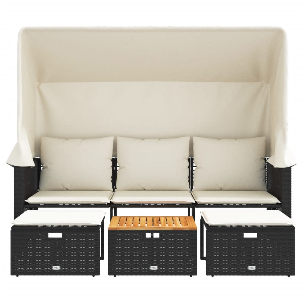 Garden Sofa 3-Seater with Canopy and Stools Black Poly Rattan