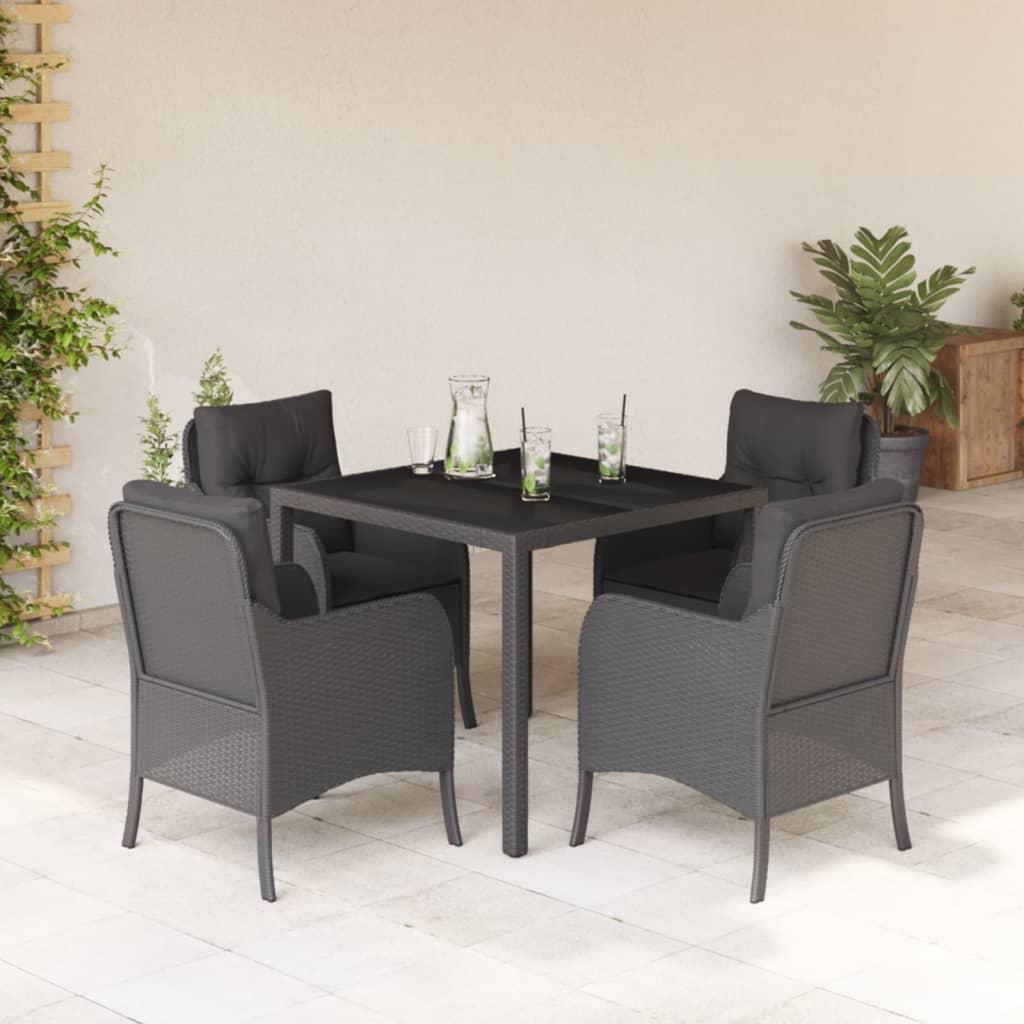 5 Piece Garden Dining Set with Cushions Black Poly Rattan