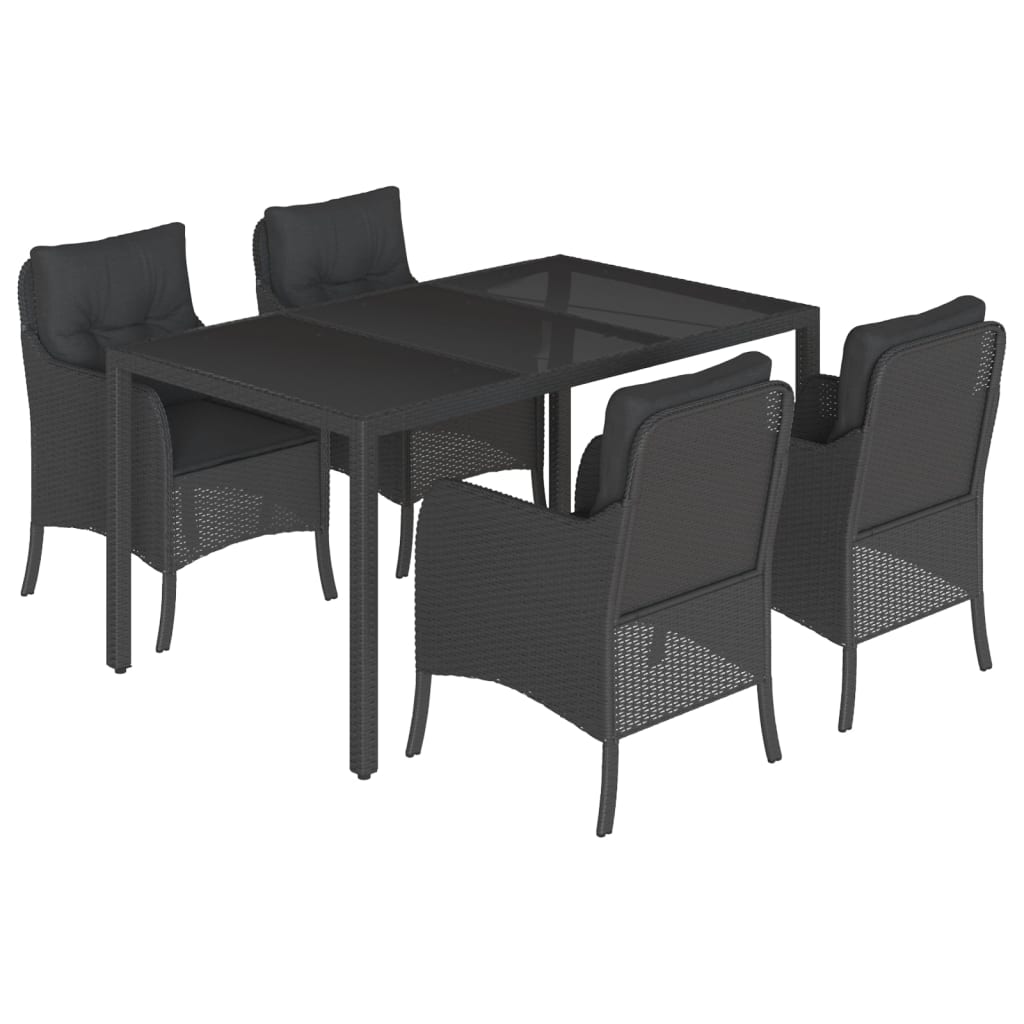 5 Piece Garden Dining Set with Cushions Black Poly Rattan