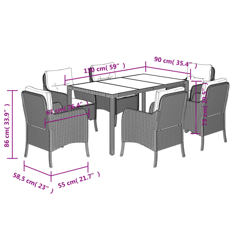 7 Piece Garden Dining Set with Cushions Black Poly Rattan