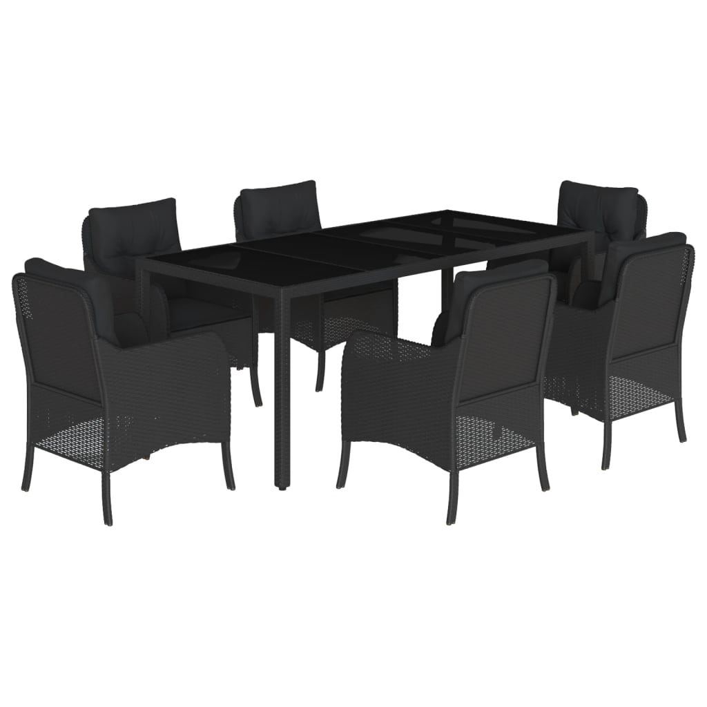 7 Piece Garden Dining Set with Cushions Black Poly Rattan