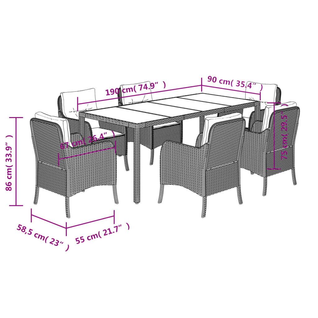 7 Piece Garden Dining Set with Cushions Black Poly Rattan