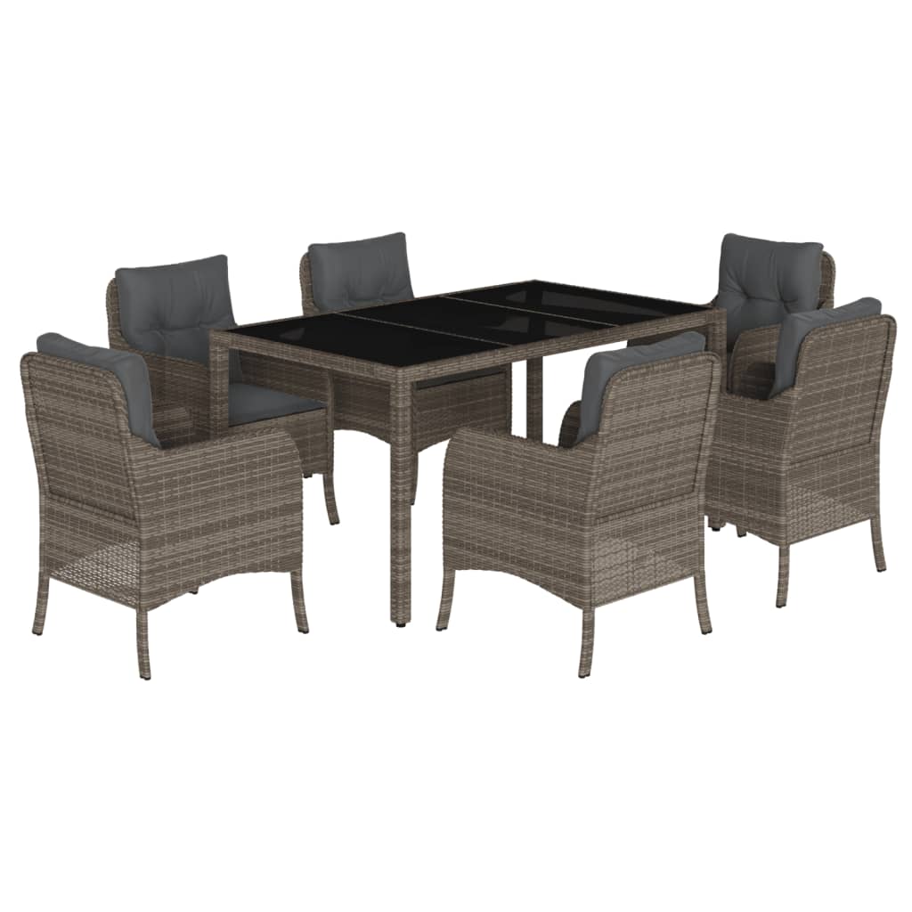 7 Piece Garden Dining Set with Cushions Grey Poly Rattan