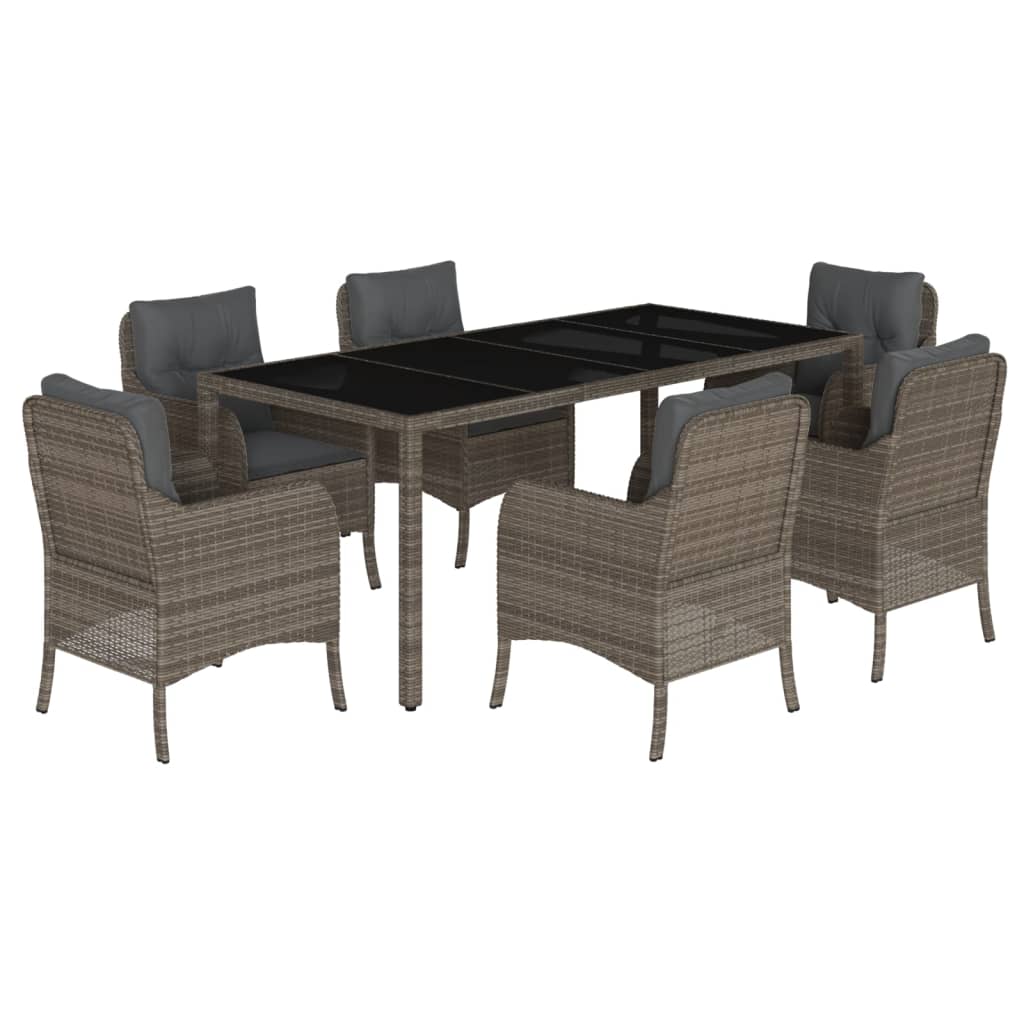 7 Piece Garden Dining Set with Cushions Grey Poly Rattan