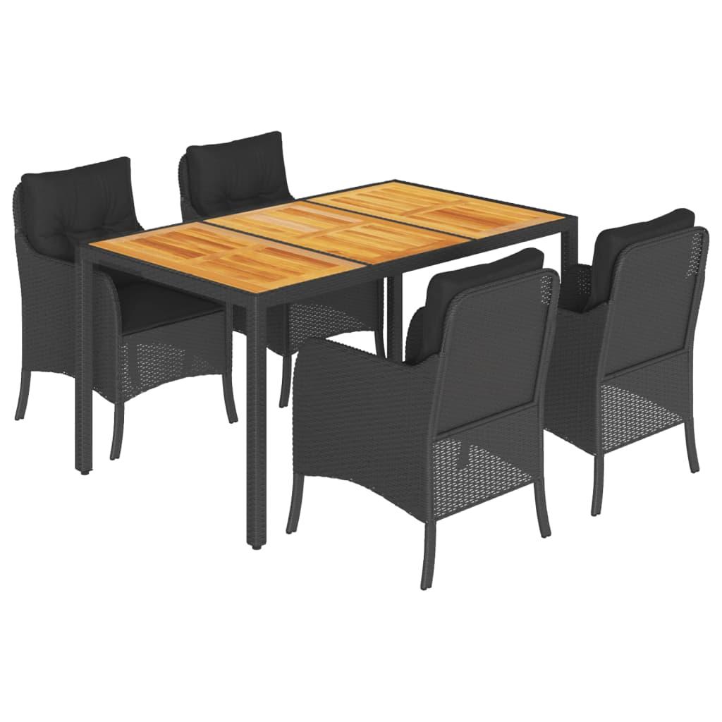 5 Piece Garden Dining Set with Cushions Black Poly Rattan