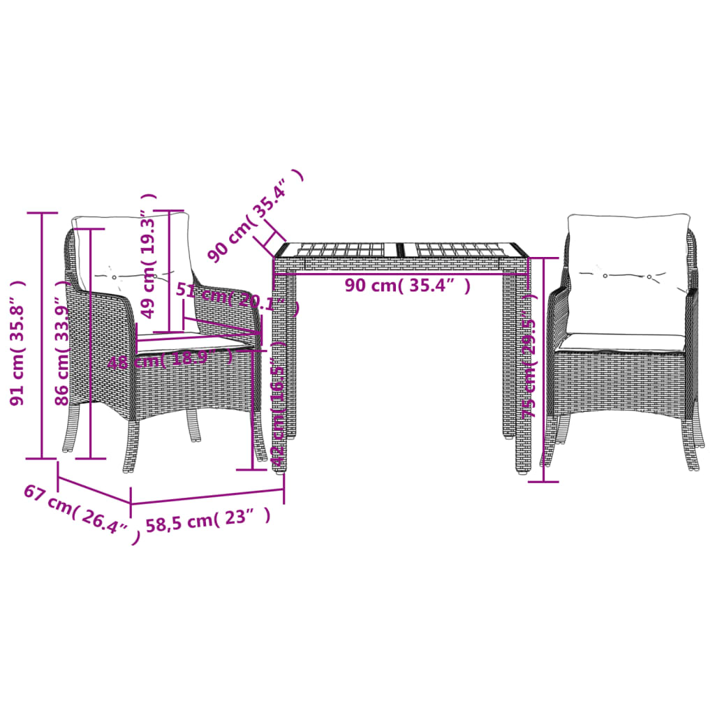 3 Piece Garden Dining Set with Cushions Grey Poly Rattan