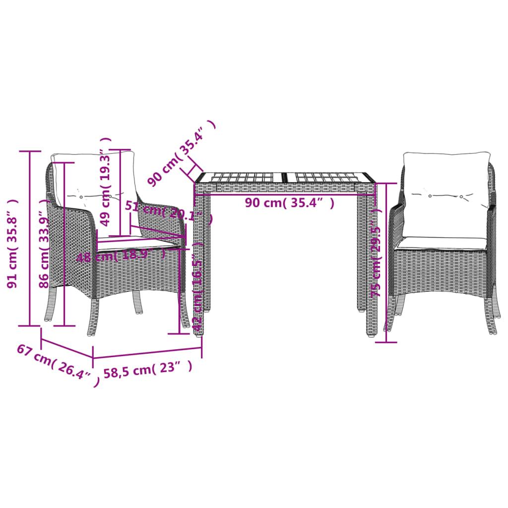 3 Piece Garden Dining Set with Cushions Grey Poly Rattan