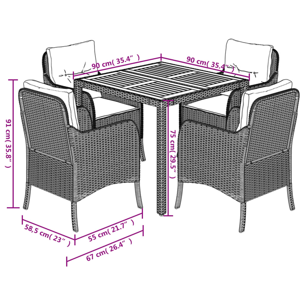 5 Piece Garden Dining Set with Cushions Grey Poly Rattan