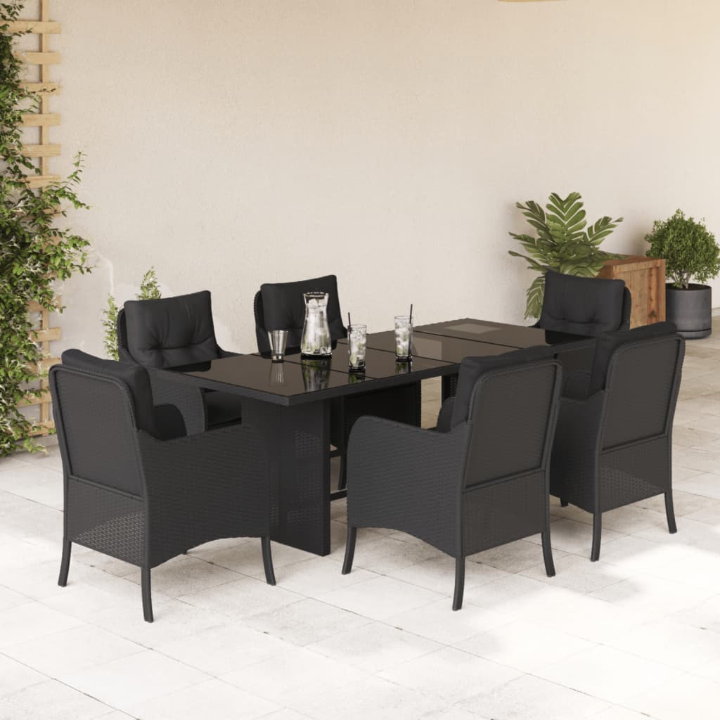7 Piece Garden Dining Set with Cushions Black Poly Rattan