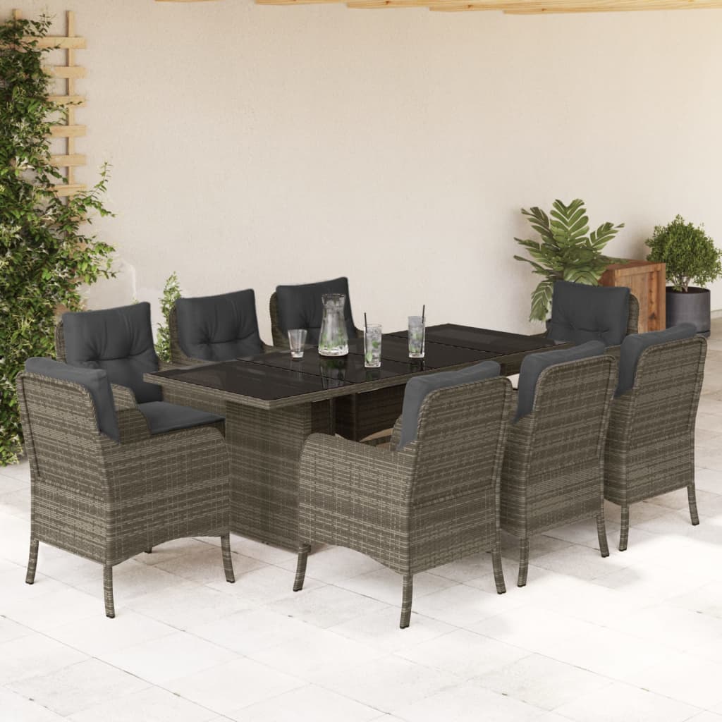 9 Piece Garden Dining Set with Cushions Grey Poly Rattan