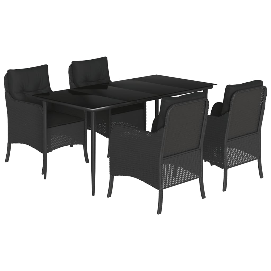 5 Piece Garden Dining Set with Cushions Black Poly Rattan