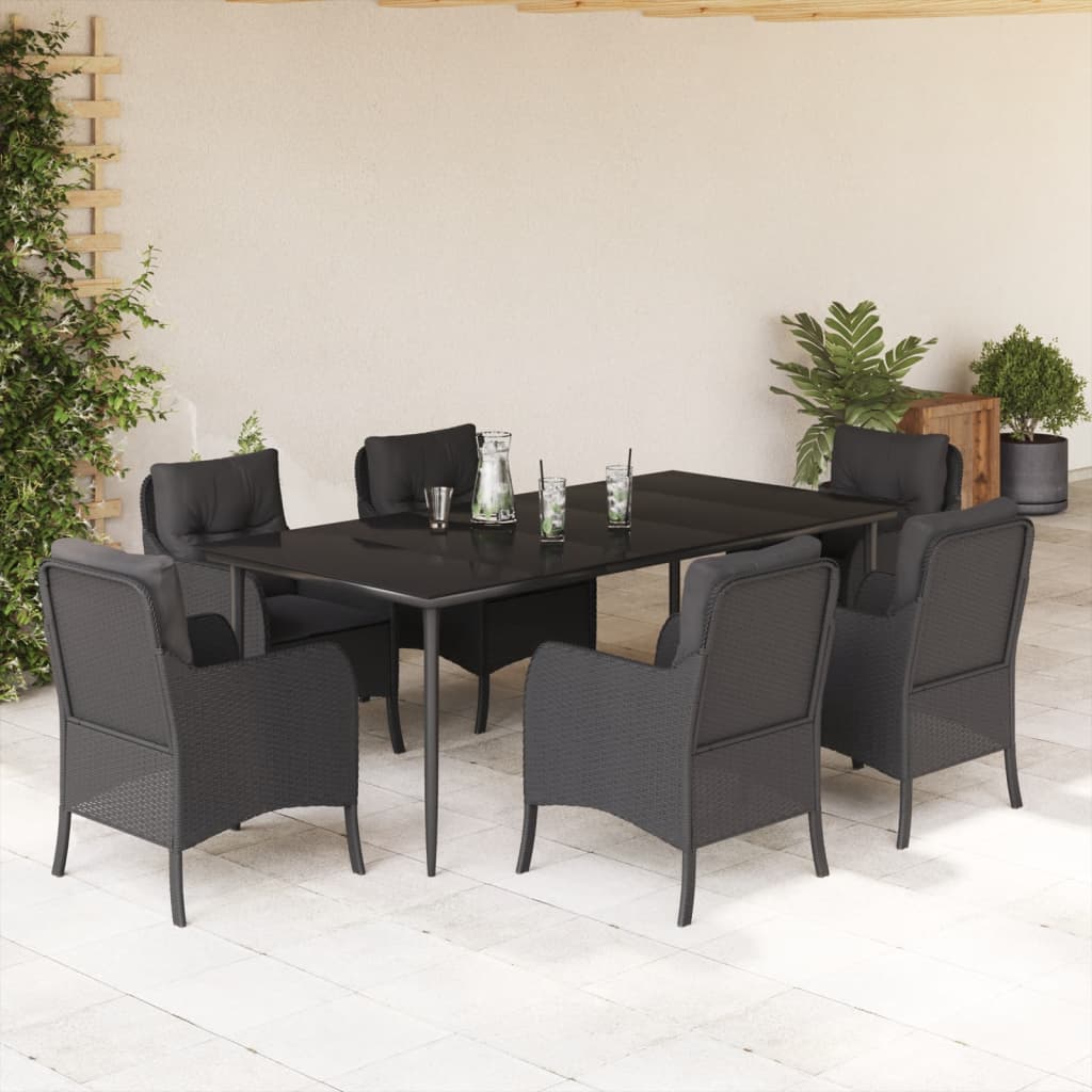 7 Piece Garden Dining Set with Cushions Black Poly Rattan