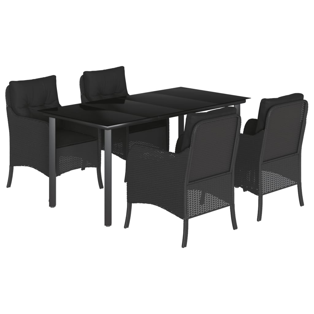 5 Piece Garden Dining Set with Cushions Black Poly Rattan