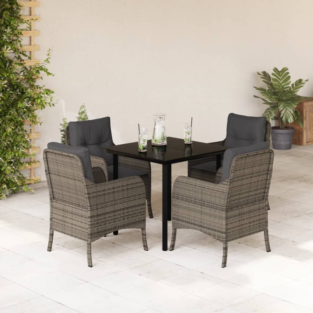 5 Piece Garden Dining Set with Cushions Grey Poly Rattan