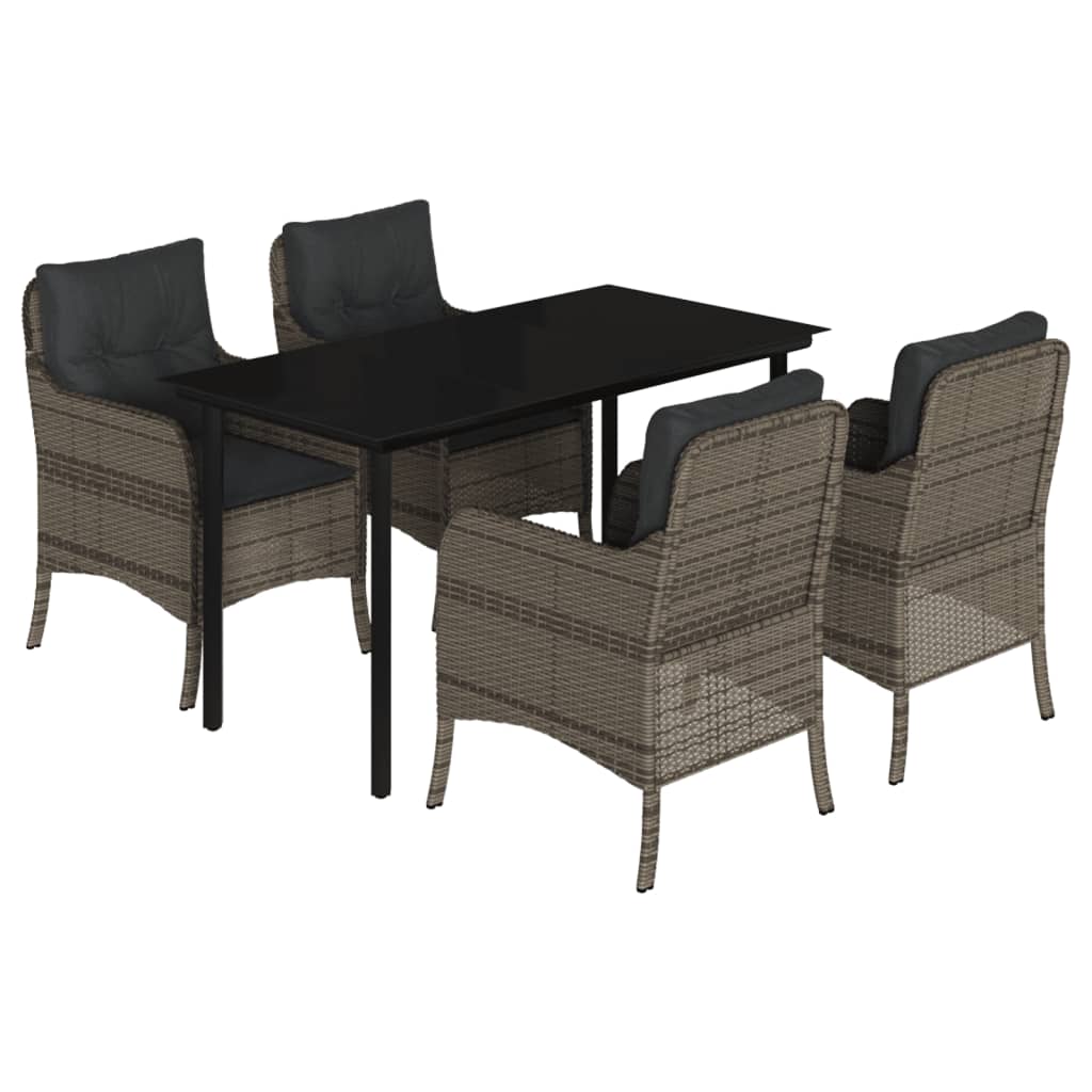 5 Piece Garden Dining Set with Cushions Grey Poly Rattan