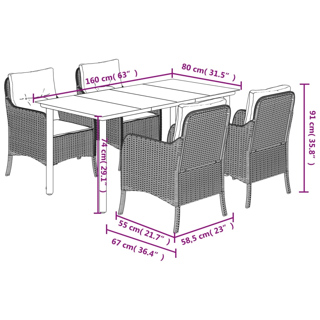 5 Piece Garden Dining Set with Cushions Grey Poly Rattan