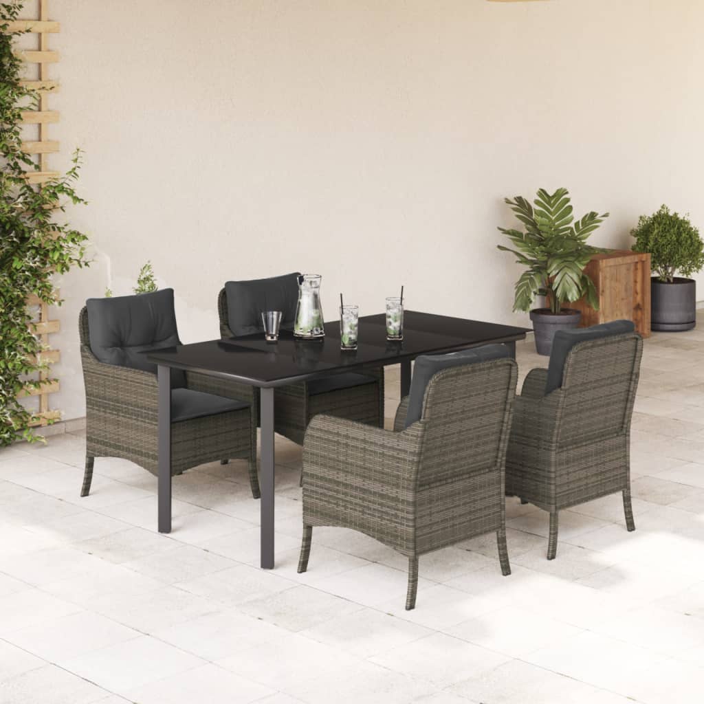 5 Piece Garden Dining Set with Cushions Grey Poly Rattan