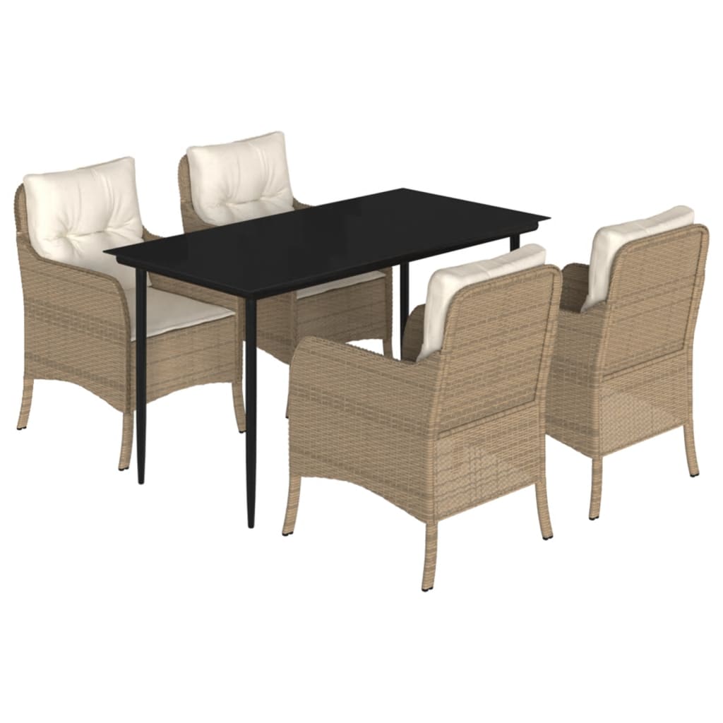 5 Piece Garden Dining Set with Cushions Beige Poly Rattan