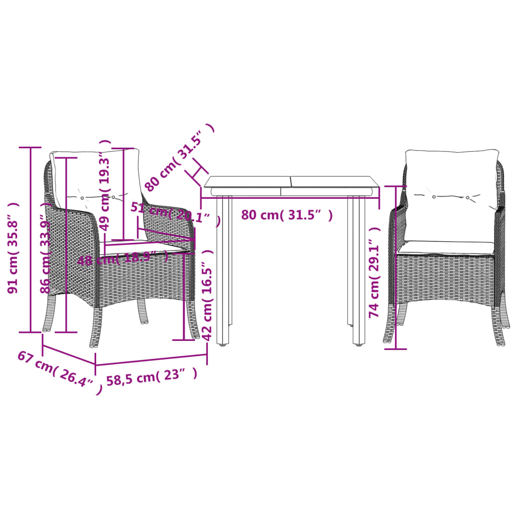 3 Piece Garden Dining Set with Cushions Beige Poly Rattan