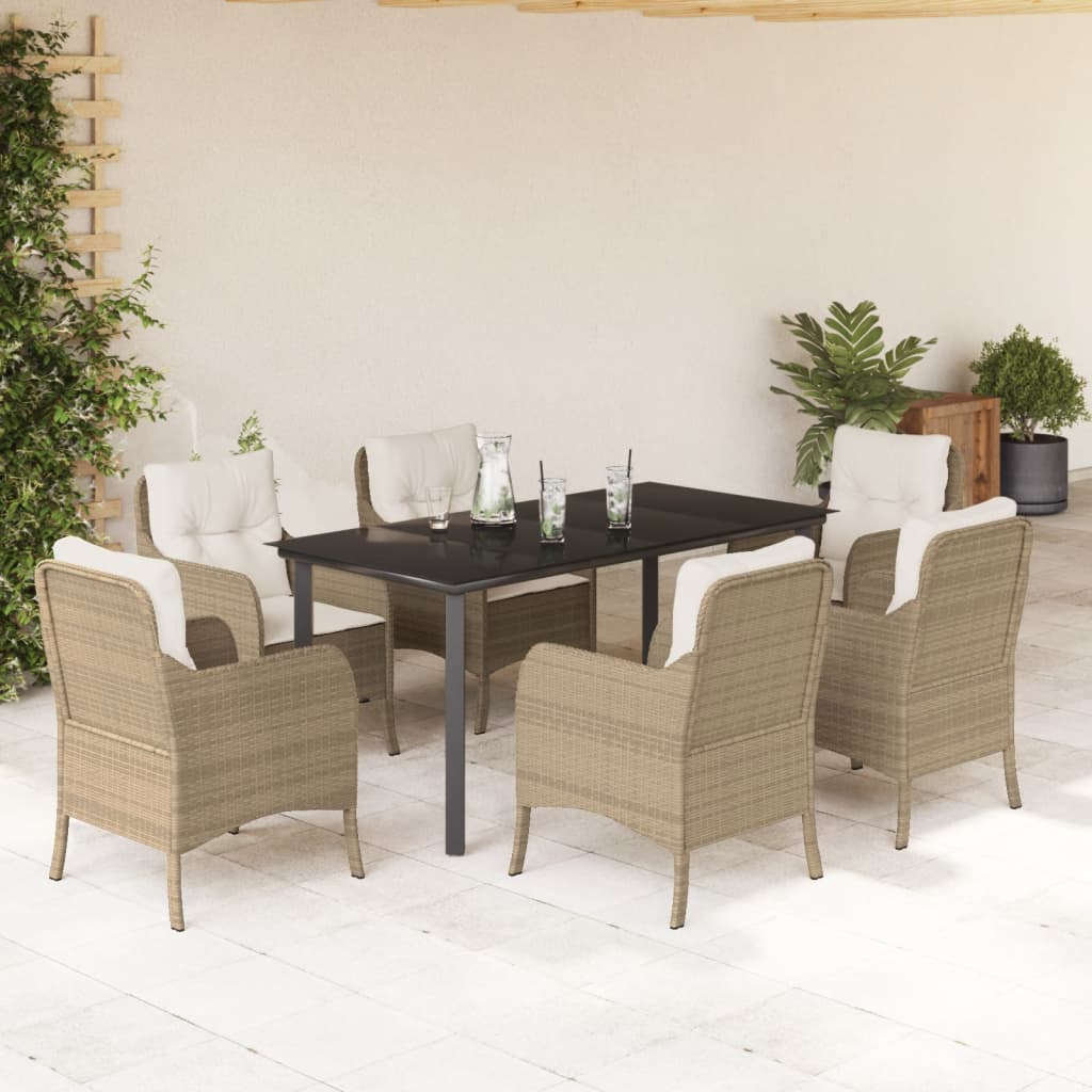 7 Piece Garden Dining Set with Cushions Beige Poly Rattan