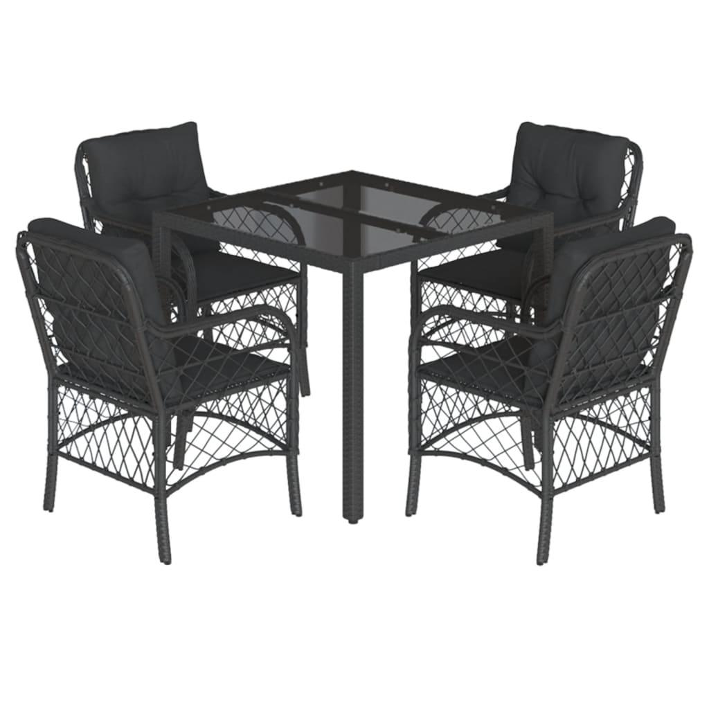 5 Piece Garden Dining Set with Cushions Black Poly Rattan