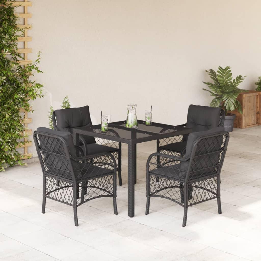 5 Piece Garden Dining Set with Cushions Black Poly Rattan