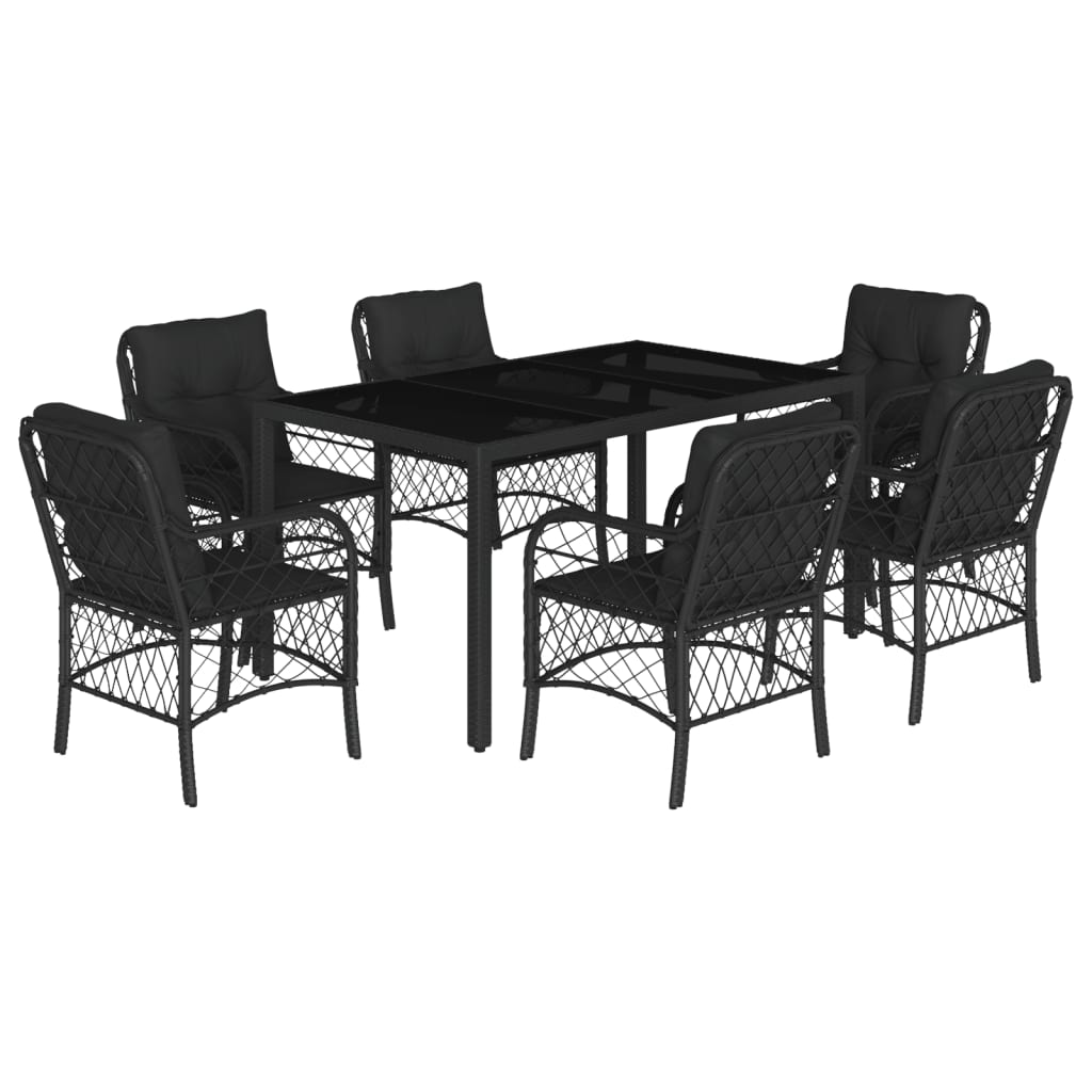 7 Piece Garden Dining Set with Cushions Black Poly Rattan
