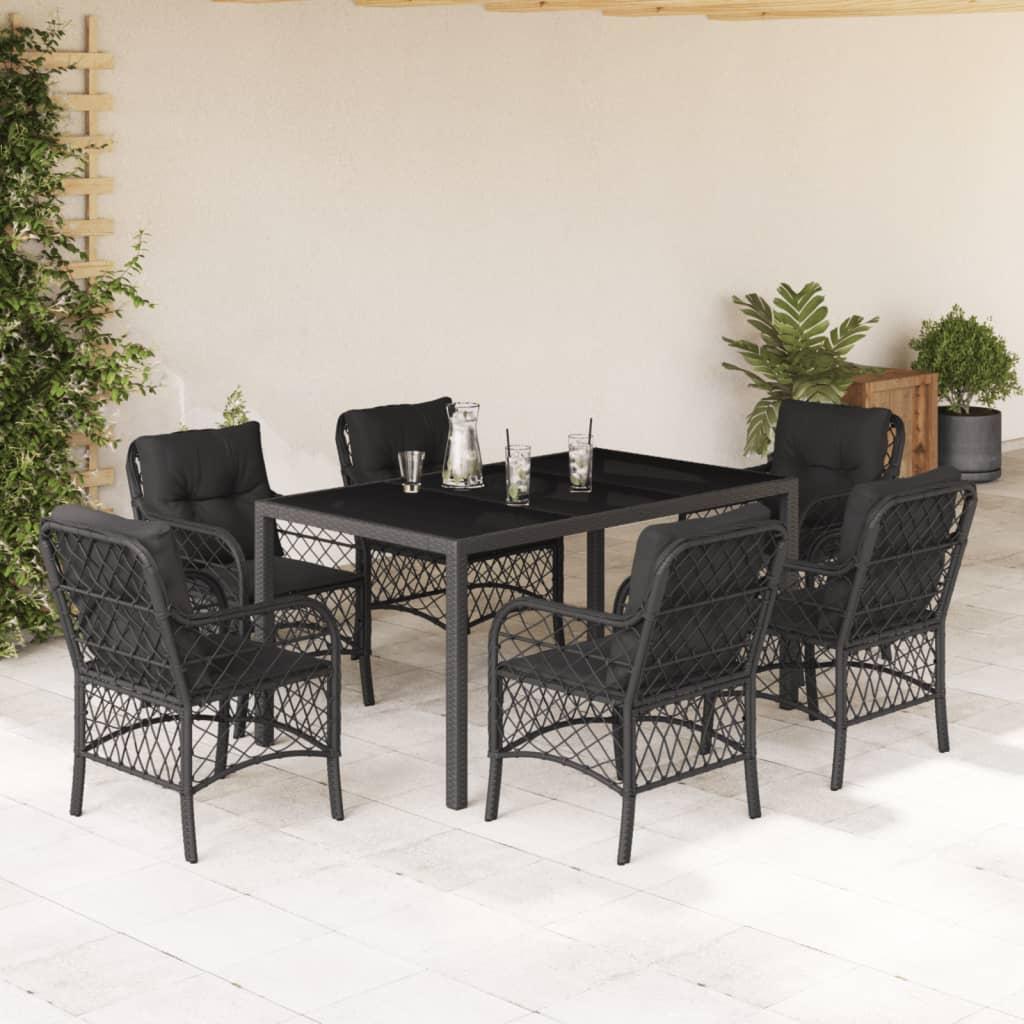 7 Piece Garden Dining Set with Cushions Black Poly Rattan