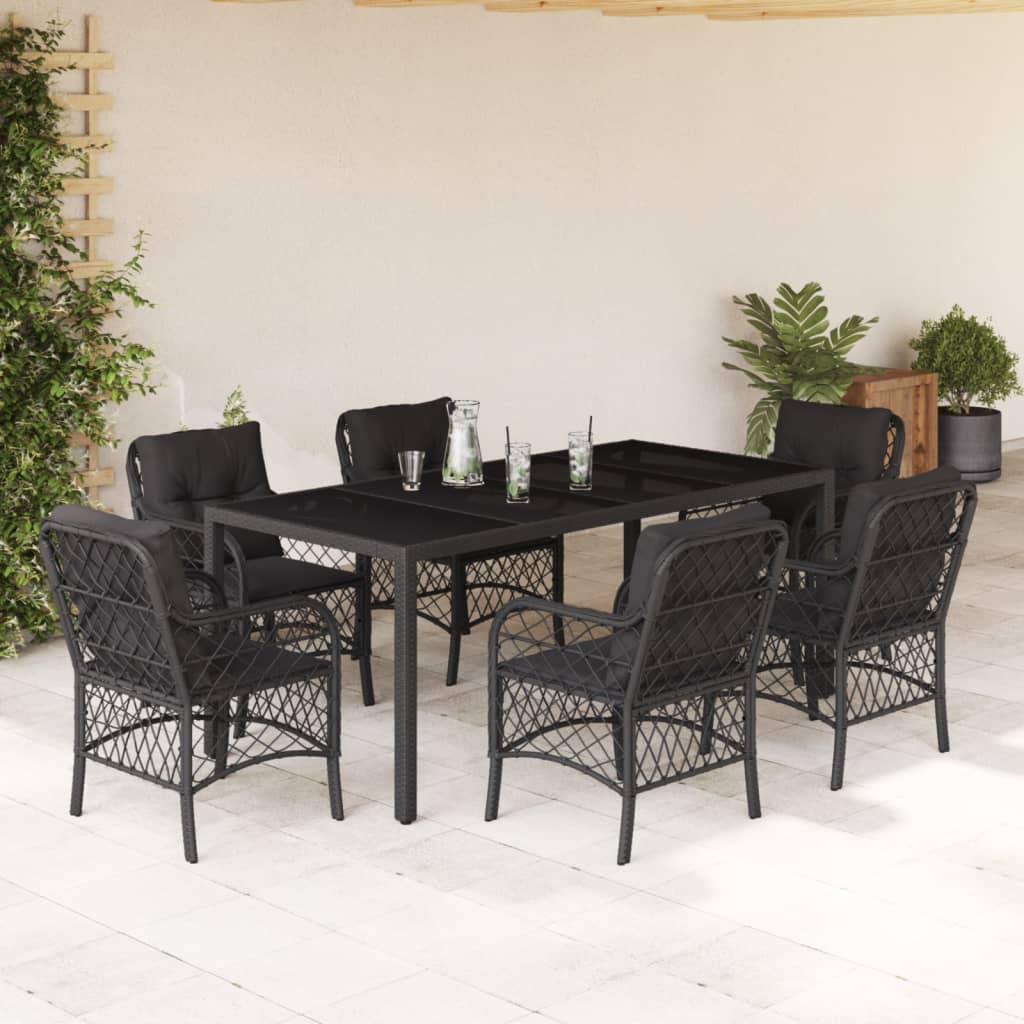 7 Piece Garden Dining Set with Cushions Black Poly Rattan