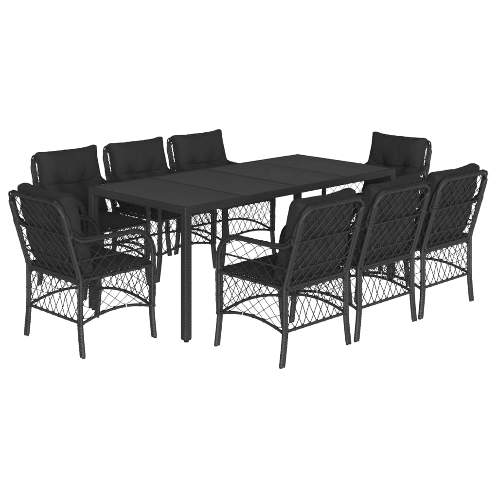 9 Piece Garden Dining Set with Cushions Black Poly Rattan