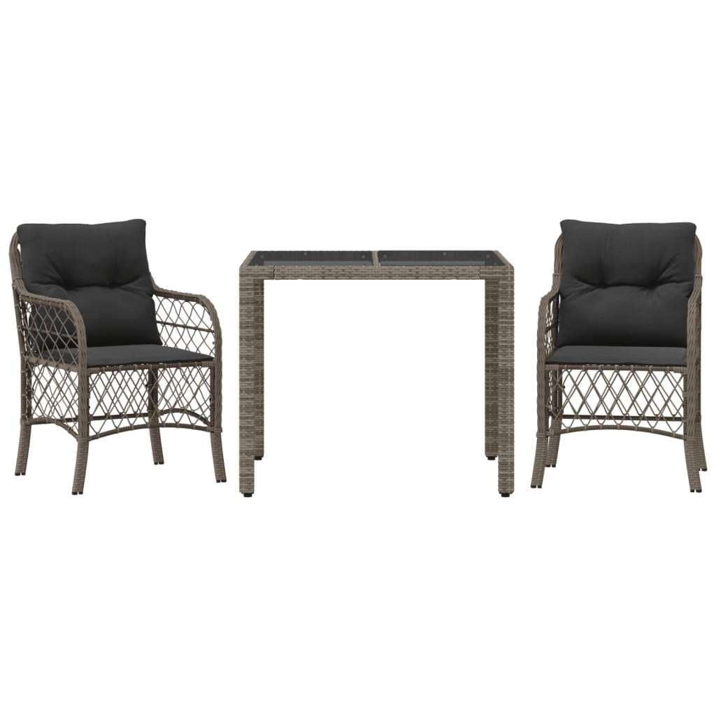 3 Piece Bistro Set with Cushions Grey Poly Rattan