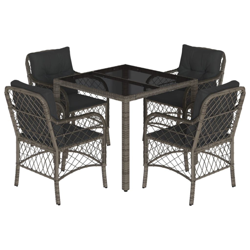 5 Piece Garden Dining Set with Cushions Grey Poly Rattan