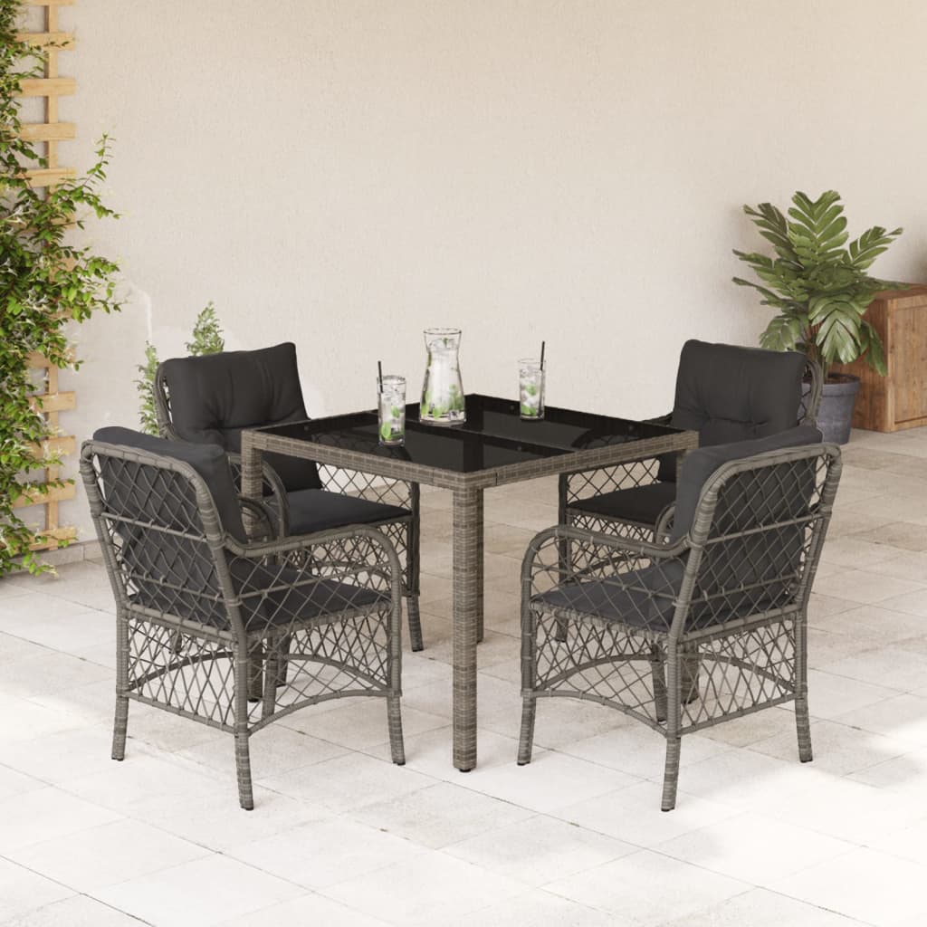 5 Piece Garden Dining Set with Cushions Grey Poly Rattan
