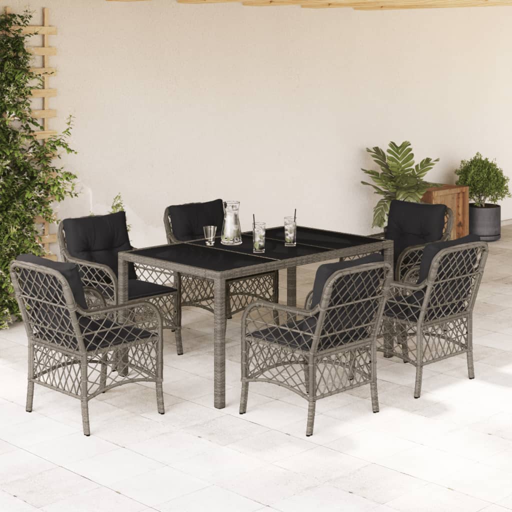 7 Piece Garden Dining Set with Cushions Grey Poly Rattan