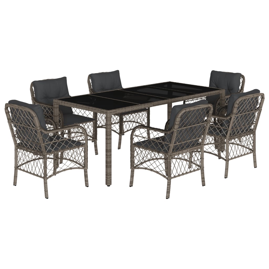 7 Piece Garden Dining Set with Cushions Grey Poly Rattan