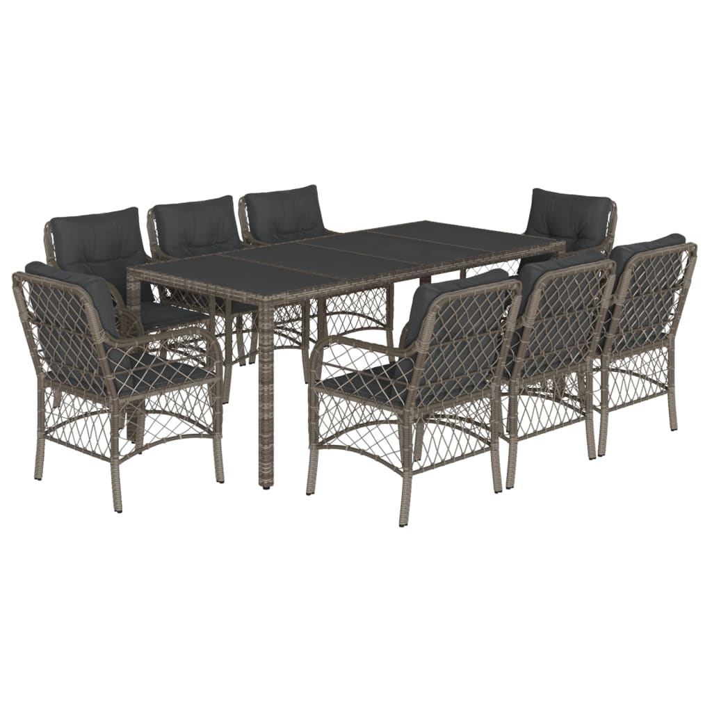 9 Piece Garden Dining Set with Cushions Grey Poly Rattan