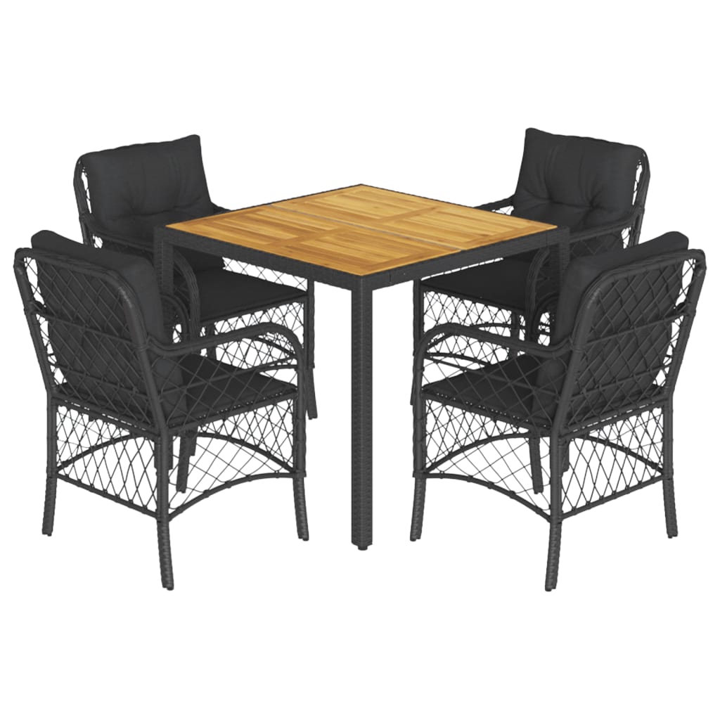 5 Piece Garden Dining Set with Cushions Black Poly Rattan