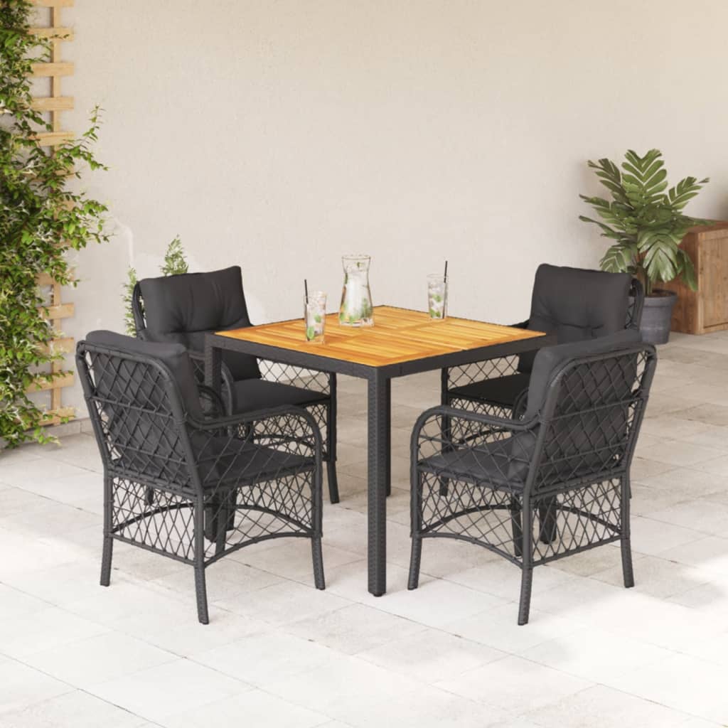 5 Piece Garden Dining Set with Cushions Black Poly Rattan