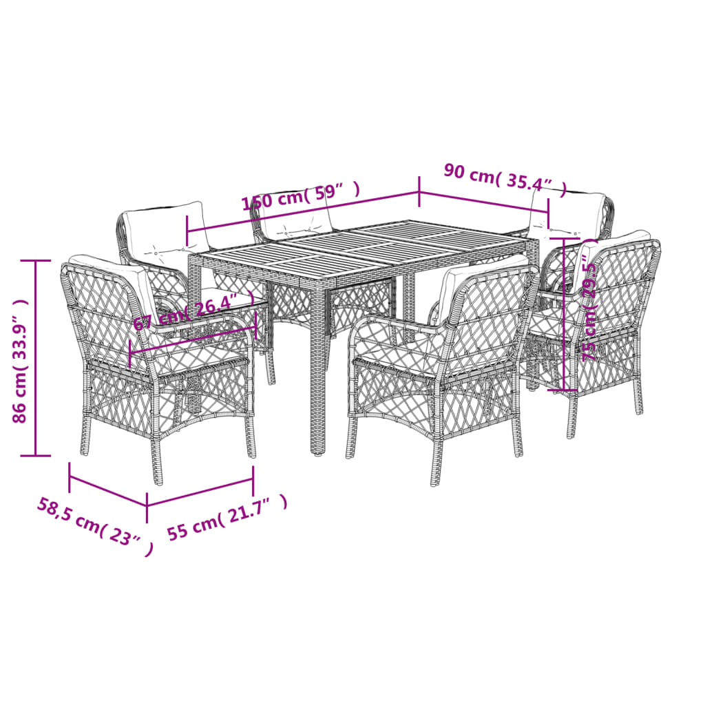 7 Piece Garden Dining Set with Cushions Black Poly Rattan