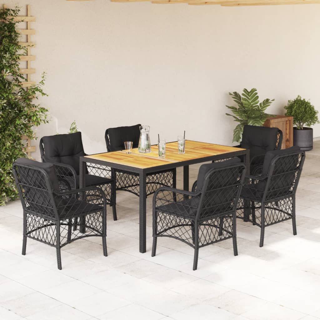 7 Piece Garden Dining Set with Cushions Black Poly Rattan