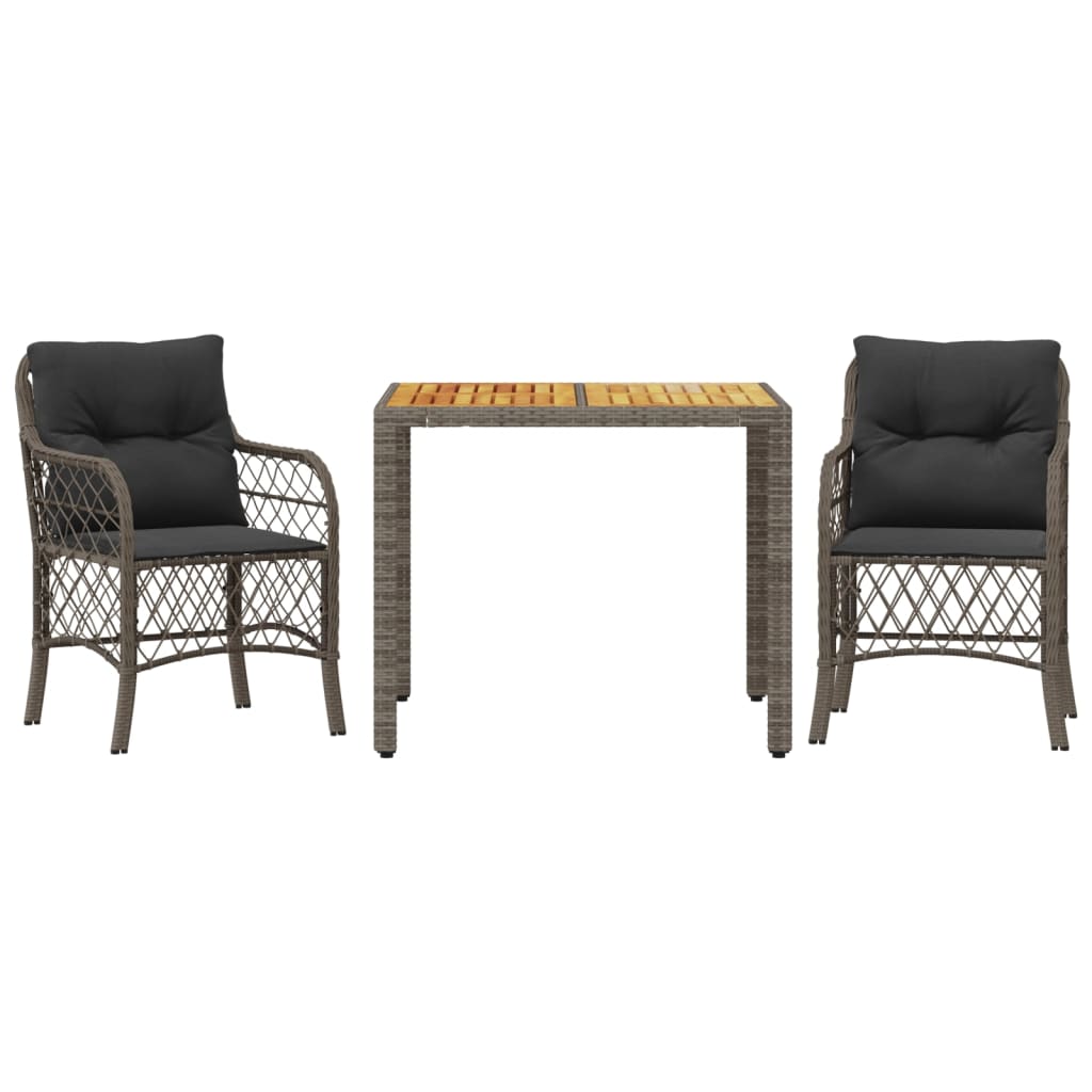 3 Piece Bistro Set with Cushions Grey Poly Rattan