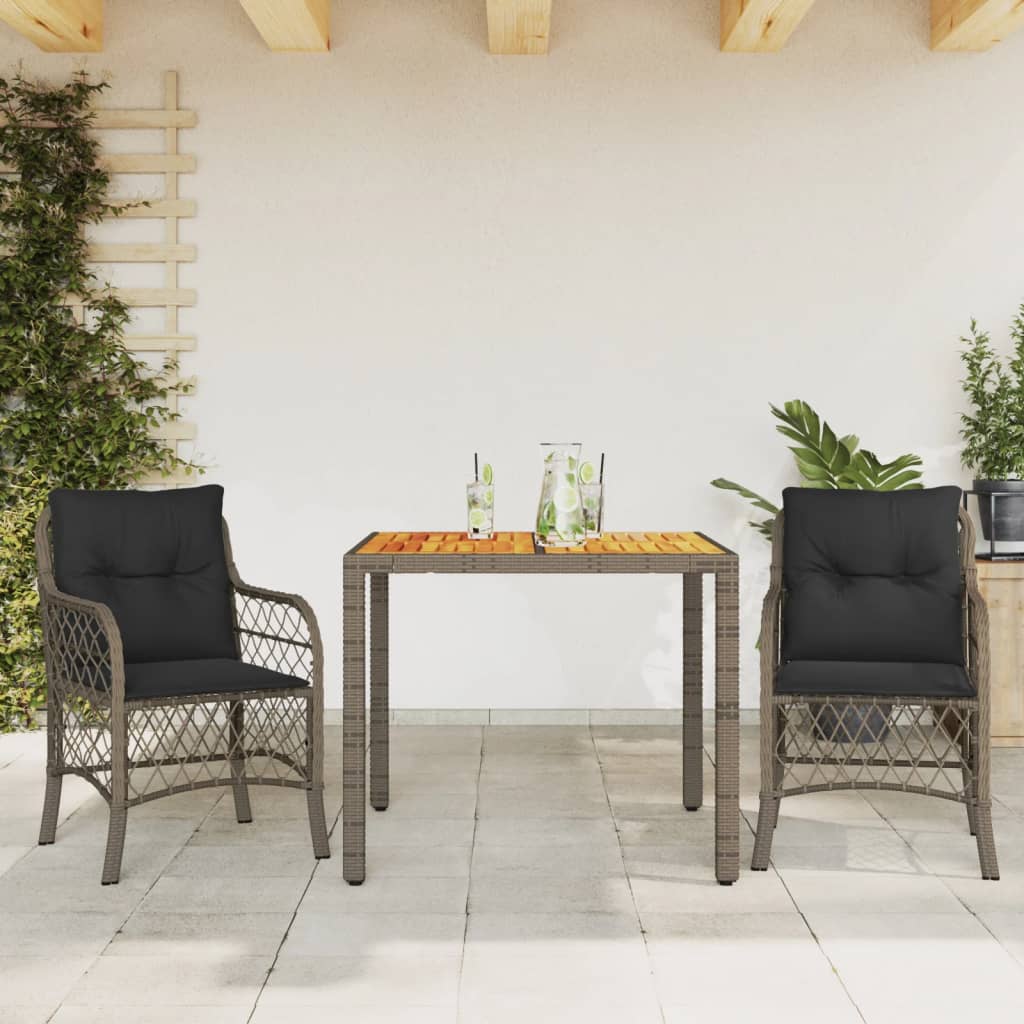 3 Piece Bistro Set with Cushions Grey Poly Rattan