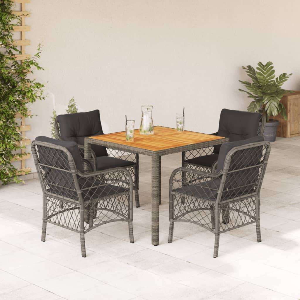 5 Piece Garden Dining Set with Cushions Grey Poly Rattan