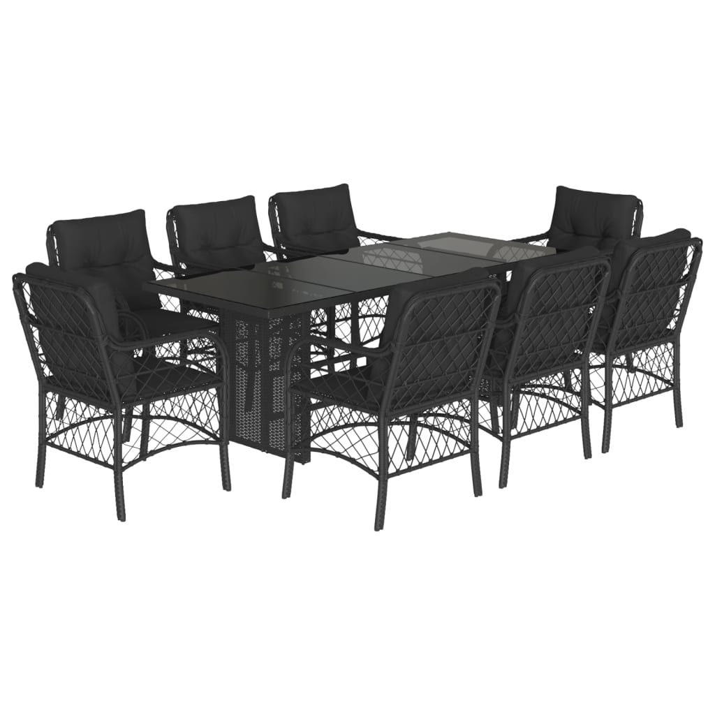 9 Piece Garden Dining Set with Cushions Black Poly Rattan