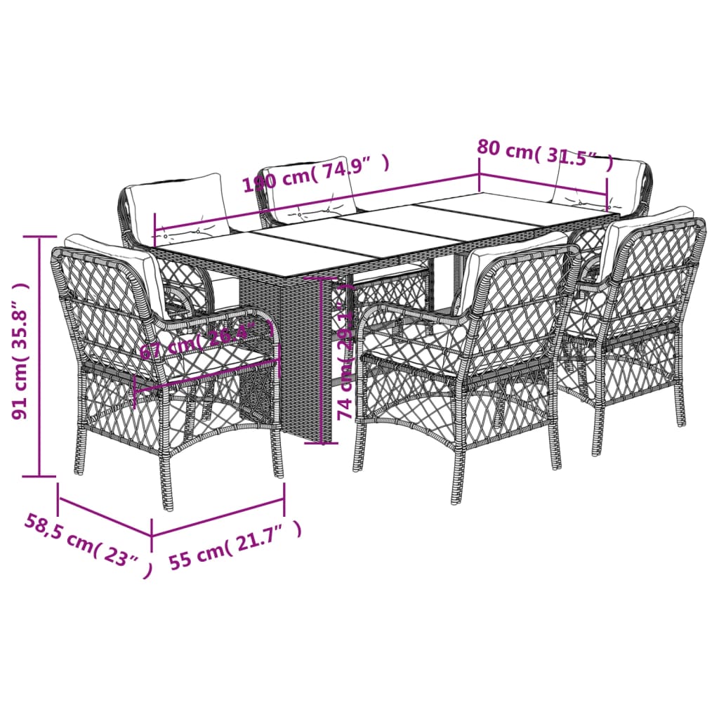 7 Piece Garden Dining Set with Cushions Grey Poly Rattan