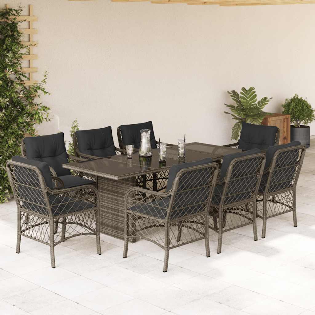 9 Piece Garden Dining Set with Cushions Grey Poly Rattan