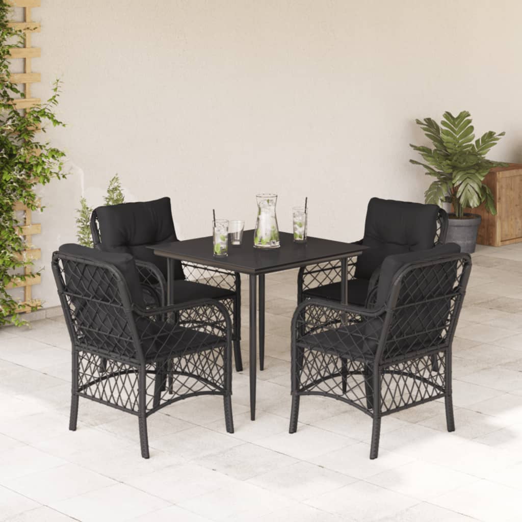 5 Piece Garden Dining Set with Cushions Black Poly Rattan