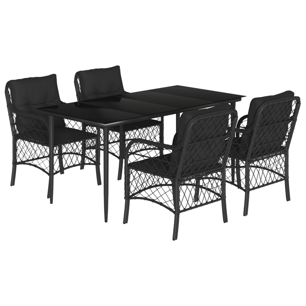 5 Piece Garden Dining Set with Cushions Black Poly Rattan