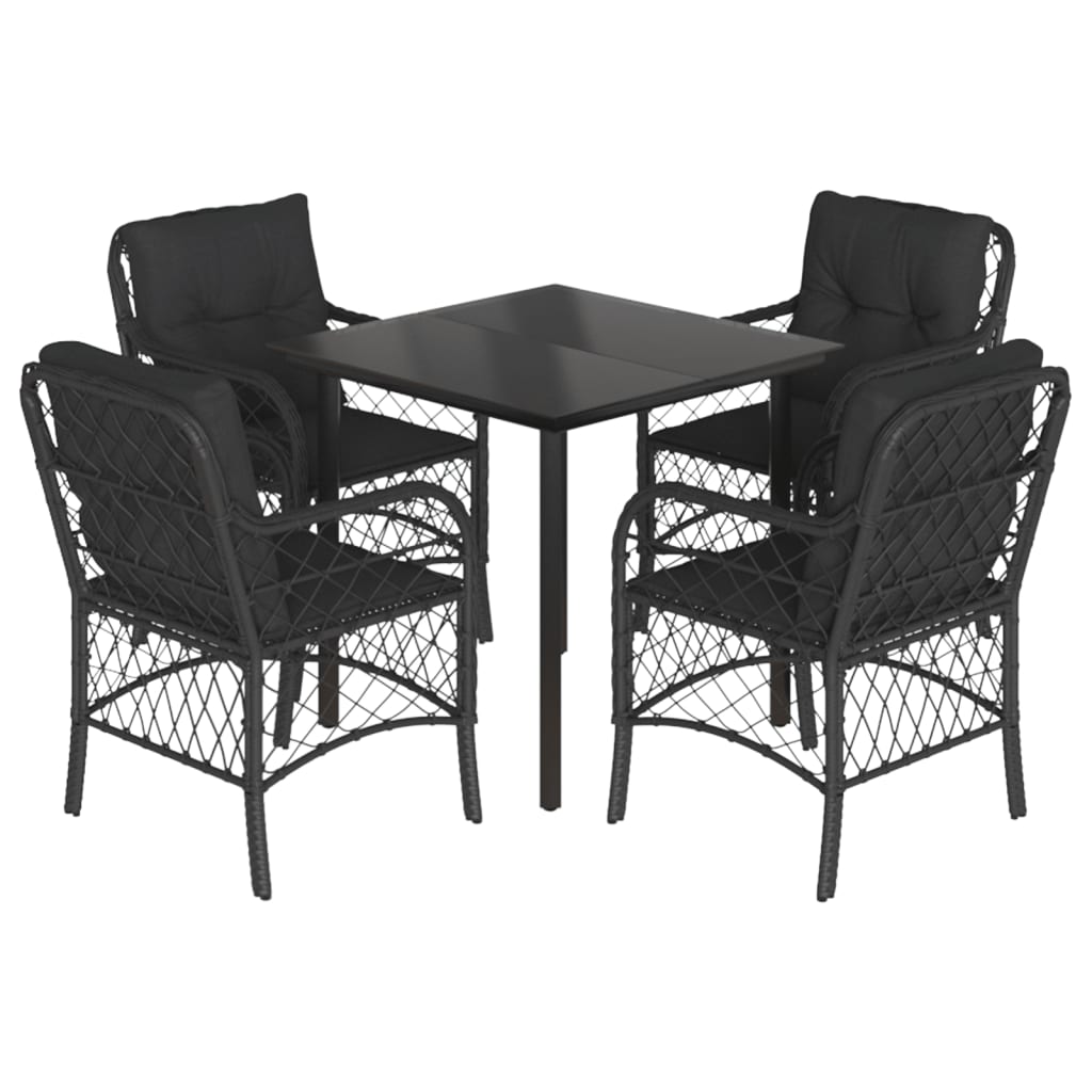 5 Piece Garden Dining Set with Cushions Black Poly Rattan