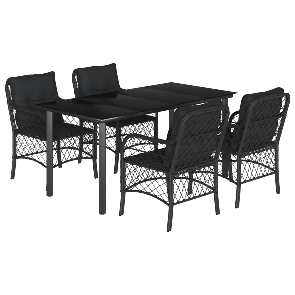 5 Piece Garden Dining Set with Cushions Black Poly Rattan